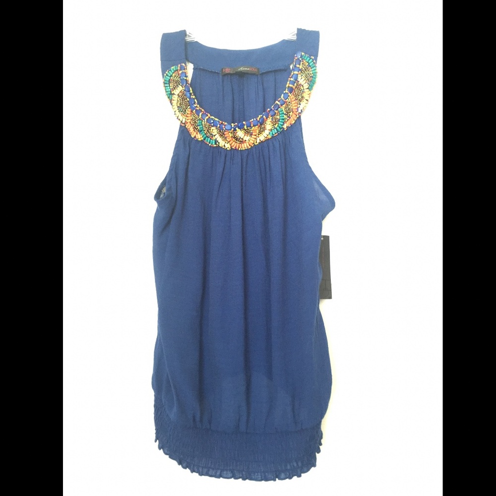Royal blue embellished beaded neckline summer sleeveless scoop neck beading tank